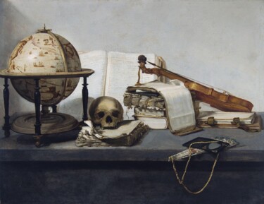 Vanitas Nature morte avec des livres, un globe, un crâne Peinture intitulée "Vanitas Nature mort…" par Jan Davidsz. De Heem, Œuvre d'art originale, Huile