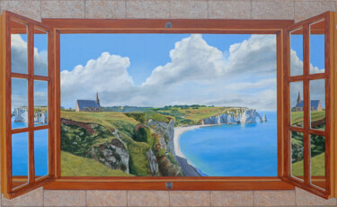 Peinture intitulée "Falaises d'Etretat…" par Michel De Ruyck, Œuvre d'art originale, Huile Monté sur Panneau de bois