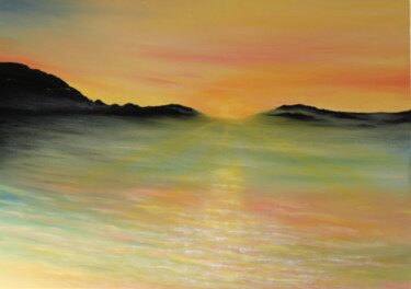 Radiant Sunset - yellow sunset, calm seascape Картина под названием "Radiant Sunset - ye…" - Olesia Lebedenko, Подлинное произведение искусства, Масло Установлен на Дерев…