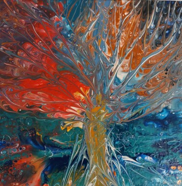Painting titled "Flame tree" by Mado, Original Artwork, Acrylic Mounted on Wood Stretcher frame
