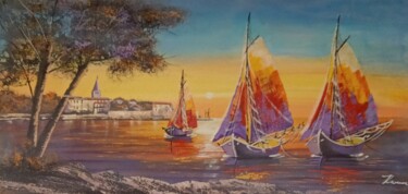 Painting of Poreč, Croatia with sunset and boats 绘画 标题为“Painting of Poreč,…” 由Filip Petrovic, 原创艺术品, 丙烯