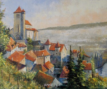제목이 "Saint Cyr Lapopie a…"인 미술작품 Stephan Serais로, 원작, 기름 나무 들것 프레임에 장착됨