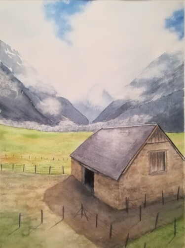 Peinture intitulée "Grange montagne" par Mickael Thébault, Œuvre d'art originale, Aquarelle