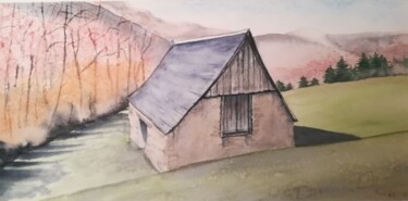 Peinture intitulée "Grange automne" par Mickael Thébault, Œuvre d'art originale, Aquarelle