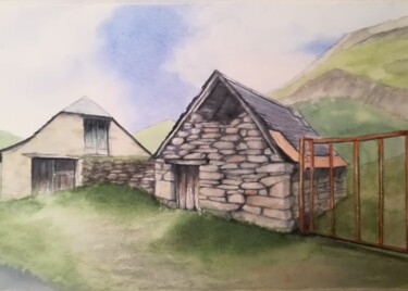 Peinture intitulée "Deux granges" par Mickael Thébault, Œuvre d'art originale, Aquarelle
