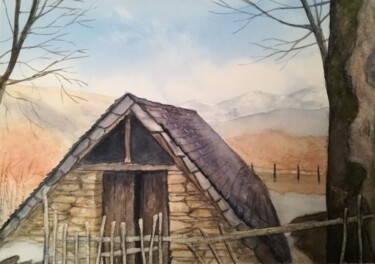 Peinture intitulée "Grange barrière" par Mickael Thébault, Œuvre d'art originale, Aquarelle