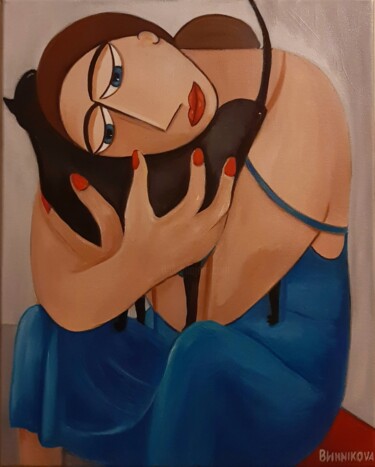 绘画 标题为“Femme avec un chat” 由Olena Blinnikova, 原创艺术品, 油 安装在木质担架架上