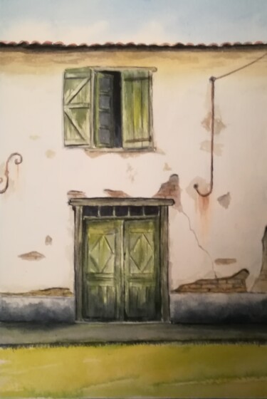 Peinture intitulée "Porte et volets ver…" par Mickael Thébault, Œuvre d'art originale, Aquarelle