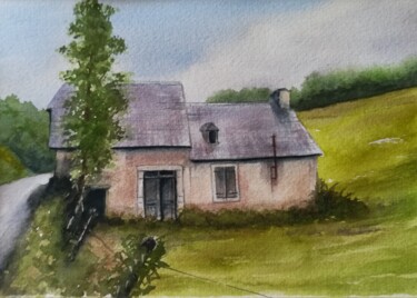 Peinture intitulée "Ferme aux murs roses" par Mickael Thébault, Œuvre d'art originale, Aquarelle