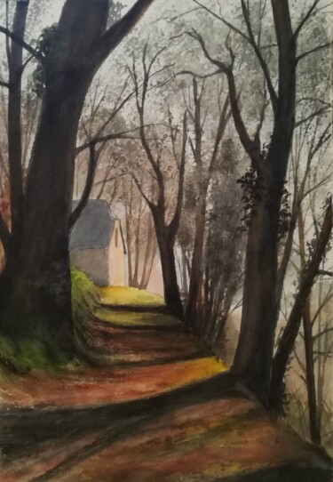 Peinture intitulée "Ferme au loin" par Mickael Thébault, Œuvre d'art originale, Aquarelle