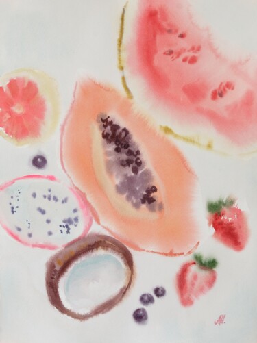 绘画 标题为“Fruits with coconut” 由Anna Hnatiuk, 原创艺术品, 水彩
