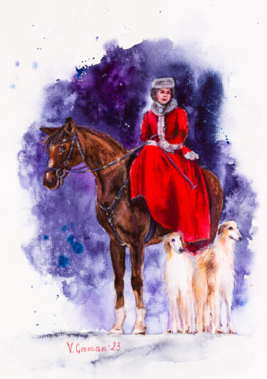A young woman in a red coat on a horse with greyhounds. Ζωγραφική με τίτλο "A young woman in a…" από Виктория Гаман, Αυθεντικά έργα τέχνης, Ακουαρέλα