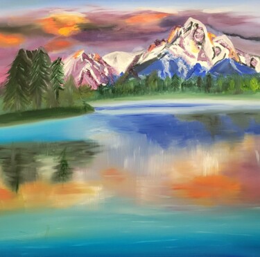 Painting titled "Montagne en couleur" by Nathalie Pouliquen, Original Artwork, Oil