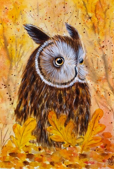 Aquarelle animale "Chouette Automnale" sur papier grain fin Peinture intitulée "Aquarelle animale "…" par Oxana Mustafina, Œuvre d'art originale, Aquarelle