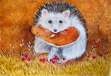 Aquarelle animale "Le Hérisson avec son champignon" Peinture intitulée "Aquarelle animale "…" par Oxana Mustafina, Œuvre d'art originale, Aquarelle