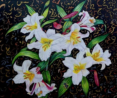 Painting titled "Lillies Still Life" by Elizabeth Sadler, Original Artwork, Watercolor