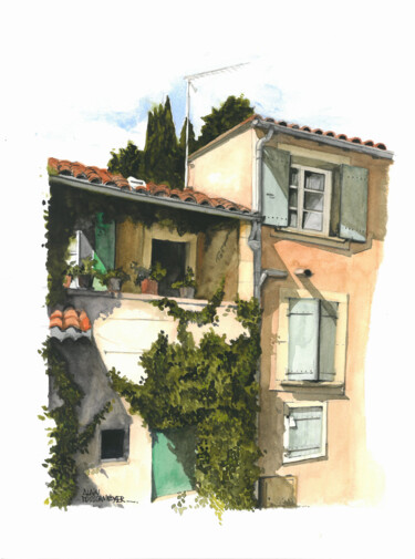 GRIGNAN - le balcon fleuri Painting titled "GRIGNAN - le balcon…" by Alain Rouschmeyer, Original Artwork, Watercolor