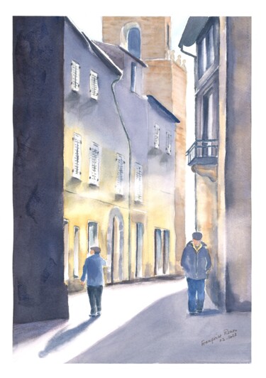 Ombres et lumières dans une vieille ruelle Painting titled "Ombres et lumières…" by Françoise Renou, Original Artwork, Watercolor