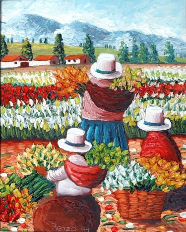 绘画 标题为“Three women in flow…” 由Sjoerd Nienhuys, 原创艺术品, 油 安装在木质担架架上