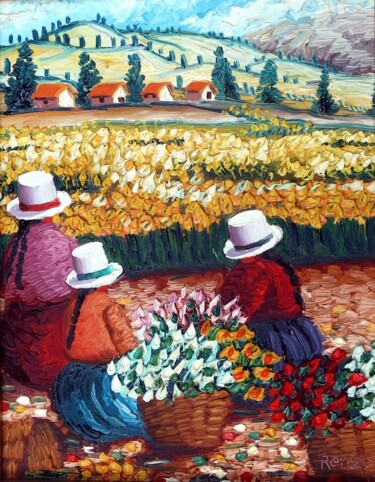 绘画 标题为“Three women collect…” 由Sjoerd Nienhuys, 原创艺术品, 油 安装在木质担架架上