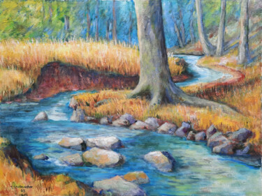 Malerei mit dem Titel "Bachwindung am Wald…" von Thomas Stellmacher, Original-Kunstwerk, Acryl Auf Keilrahmen aus Holz monti…