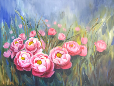 Um campo imaginário com peónias Schilderij getiteld "Um campo imaginário…" door Ildemarina Rodrigo, Origineel Kunstwerk, Acryl Gemonteerd op Frame voor hout…
