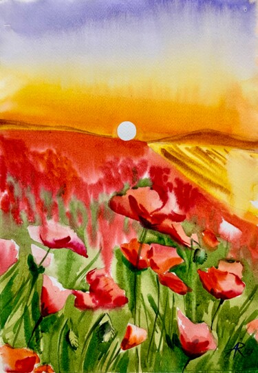 Sunset on the Poppy Field 제목이 "Sunset on the Poppy…"인 미술작품 Ira Popovych로, 원작, 수채화