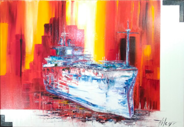Painting titled "Beluga skysail" by Corinne Vilcaz, Original Artwork, Oil Mounted on Wood Stretcher frame