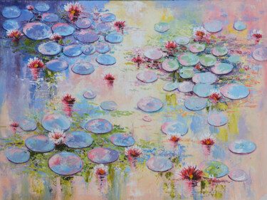 Painting titled "Pond of Blooms" by Malinga Kumarasinghe, Original Artwork, Acrylic Mounted on Wood Stretcher frame