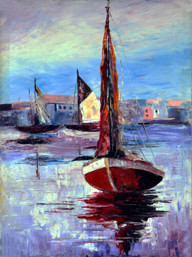 Painting titled "Village Harbor" by Malinga Kumarasinghe, Original Artwork, Acrylic Mounted on Wood Stretcher frame