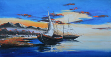 Painting titled "Indigo Bay" by Malinga Kumarasinghe, Original Artwork, Acrylic Mounted on Wood Stretcher frame