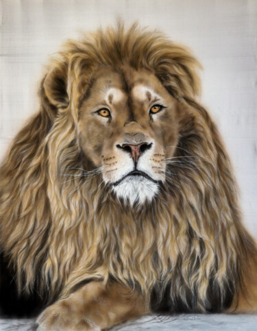 Contemplation – Silk painted Lion Portrait Peinture intitulée "Contemplation – Sil…" par Olga Belova, Œuvre d'art originale, Acrylique