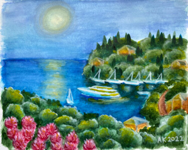 Under the Moonlight Painting titled "Under the Moonlight" by Anastasia Kurganova, Original Artwork, Watercolor