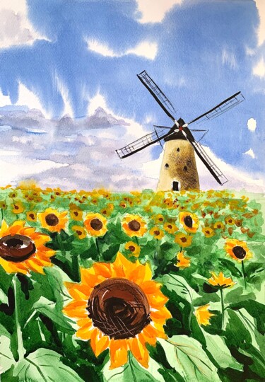 Holland Windmill in Sunflowers Painting titled "Holland Windmill in…" by Ira Popovych, Original Artwork, Watercolor