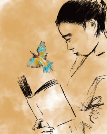 Digital Arts titled "The girl is reading…" by Oleg Khe, Original Artwork, Digital Painting