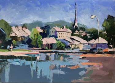 Little town by the lake. France landscape. 绘画 标题为“Little town by the…” 由Vita Schagen, 原创艺术品, 油 安装在木质担架架上