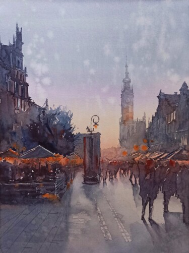 Painting titled "Among the crowd - o…" by Olena Koliesnik, Original Artwork, Watercolor