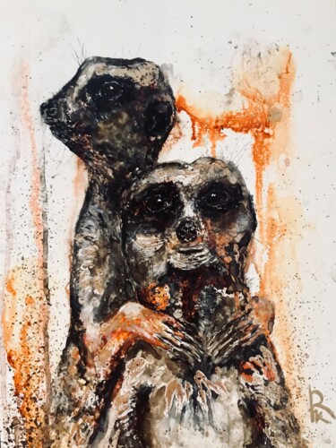 Meerkats couple watercolour mix media painting on yupo paper Schilderij getiteld "Meerkats couple wat…" door Raissa Kagan, Origineel Kunstwerk, Inkt