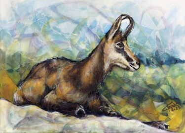「On the chamois rock」というタイトルの絵画 Ľubomír Korenkoによって, オリジナルのアートワーク, アクリル ウッドストレッチャーフレームにマウント