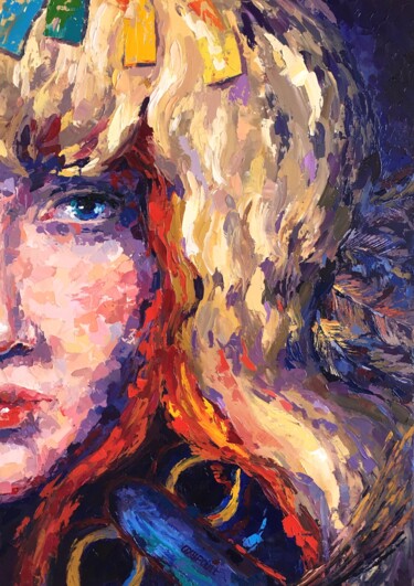 Painting titled ""Kurent has a woman…" by Oxypoint, Original Artwork, Oil Mounted on Wood Stretcher frame