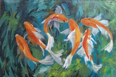 绘画 标题为“Koi in a Pond” 由Ishan Senaka Hewage, 原创艺术品, 丙烯 安装在木质担架架上