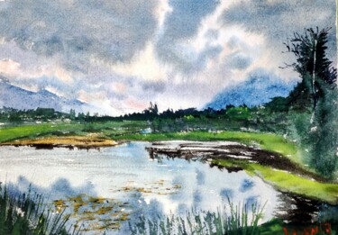 Peinture intitulée "Evening at the lake" par Leonid Kirnus, Œuvre d'art originale, Aquarelle