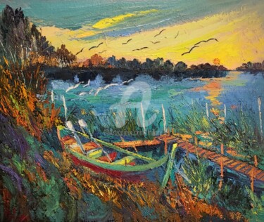 Painting titled "La barque échouée" by Milorv, Original Artwork, Oil