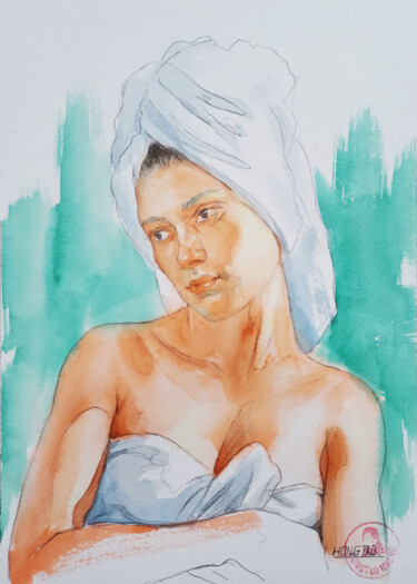 Painting titled "Beautiful  Lady" by Hongtao Huang, Original Artwork, Watercolor