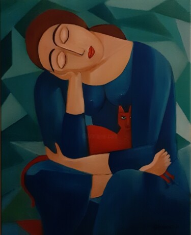 Pintura intitulada "Mulher com gato" por Olena Blinnikova, Obras de arte originais, Óleo Montado em Armação em madeira