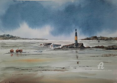 Peinture intitulée "BALISE A MAREE BASSE" par Alain Devienne, Œuvre d'art originale, Aquarelle