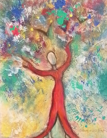 Peinture intitulée "Femme aux oiseaux" par Dominique Bertrand, Œuvre d'art originale, Acrylique Monté sur Panneau de bois