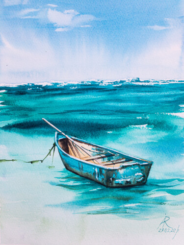 Blue Boat Painting titled "Blue Boat" by Ira Popovych, Original Artwork, Watercolor