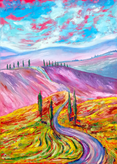 Violet Tuscany Road Summer Landscape. Pittura intitolato "Violet Tuscany Road…" da Viktoriya Filipchenko, Opera d'arte originale, Olio Montato su Telaio per barel…