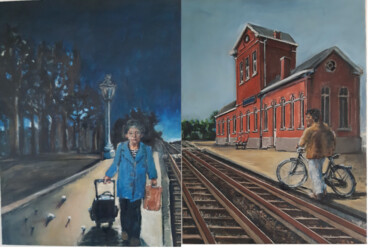 Pintura intitulada "Diptych day and nig…" por Hilde Plessers, Obras de arte originais, Óleo Montado em Armação em madeira